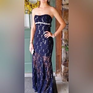 Prom dress. Navy with silver beading & sequin, strapless, form fitting, size 3.